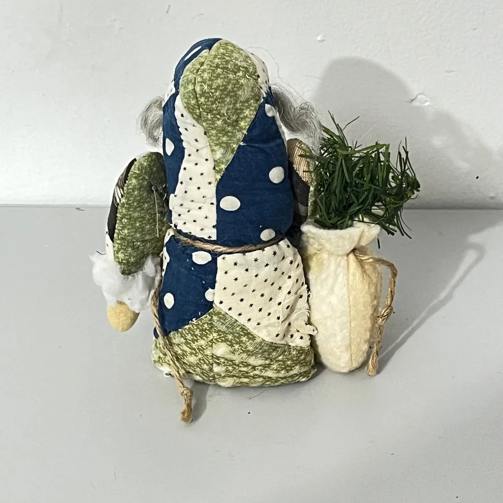 Vintage Primitive Santa Claus Plush OS Blue Green Patchwork Folk Art Holiday